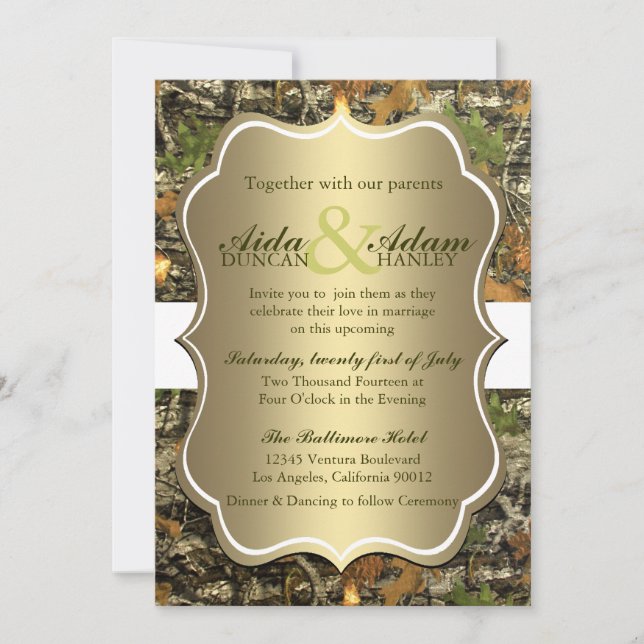 Elegant Lavish Gold Rustic Camo Wedding Invitation (Front)
