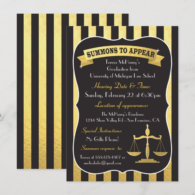 Elegant Law School Graduation Summons Invitation (Front/Back)