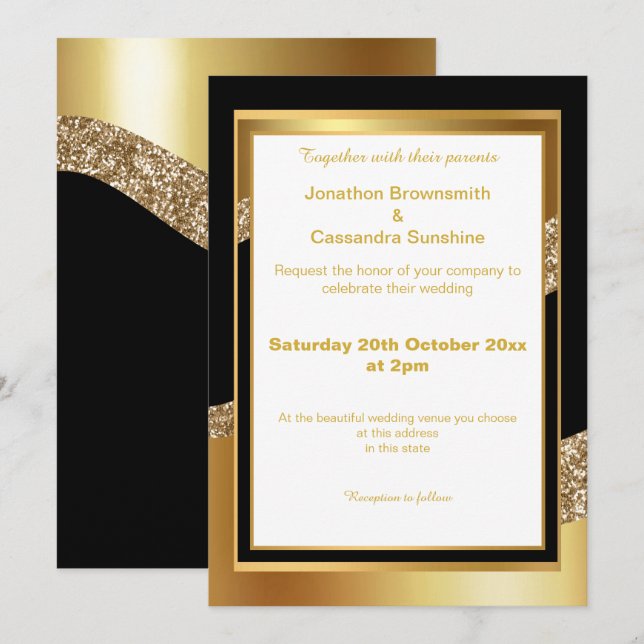ELEGANT LAYERED GOLD BLACK WHITE GLITTER WAVE  INVITATION (Front/Back)