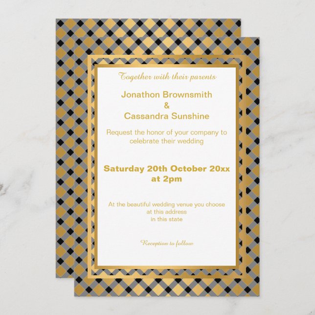 ELEGANT LAYERED GOLD WHITE CHECKERED PATTERN INVITATION (Front/Back)