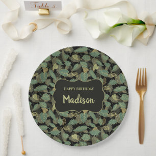 Elegant Leaf Birthday Botanical Initial Paper Plate