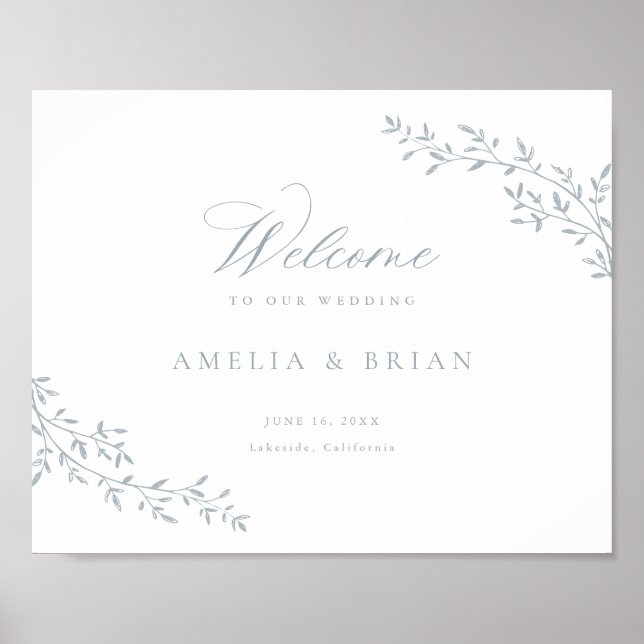 Elegant Leaf Branch Botanical Blue Wedding Welcome Poster (Front)