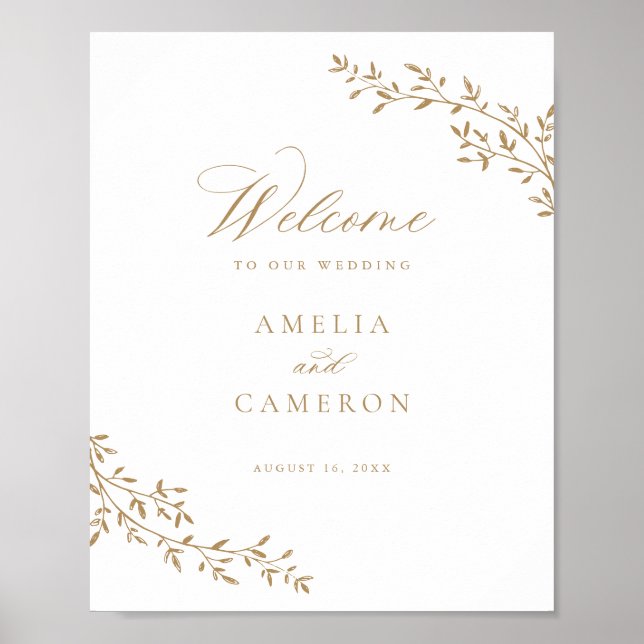 Elegant Leaf Branch Botanical Gold Wedding Welcome Poster (Front)
