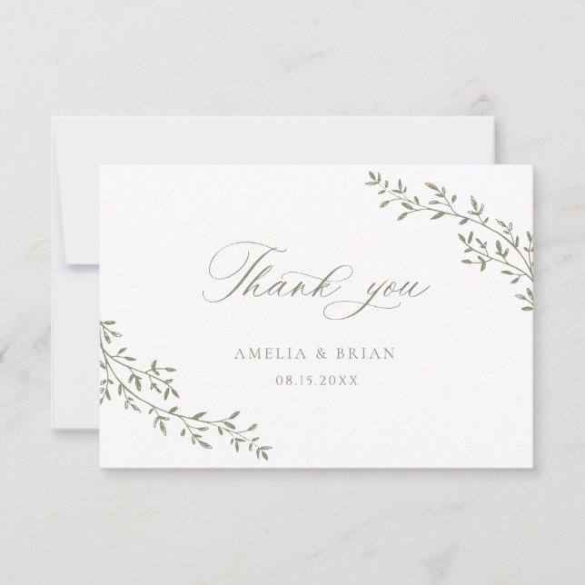 Elegant Leaf Branch Botanical Sage Script Wedding Thank You Card (Front)