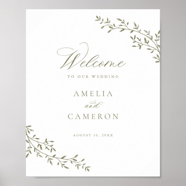 Elegant Leaf Branch Botanical Sage Wedding Welcome Poster (Front)