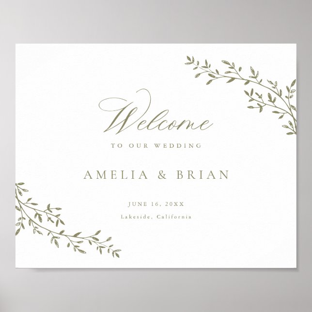 Elegant Leaf Branch Botanical Sage Wedding Welcome Poster (Front)