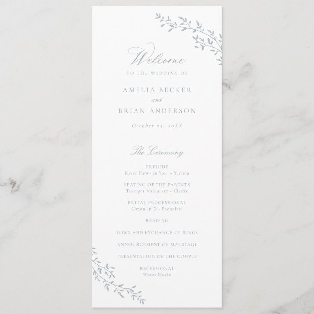 Elegant Leaf Branch Dusty Blue Wedding Program Programme (Front)