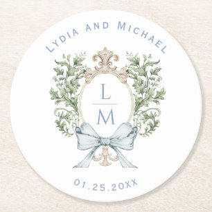 Elegant Leaf Crest w/ Bow   Monogram Wedding Round Paper Coaster