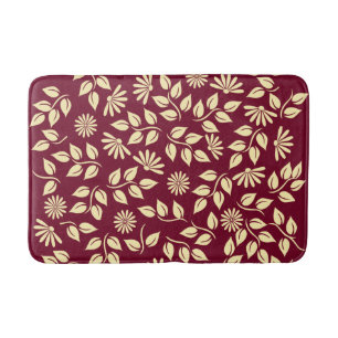 Elegant Leaf Daisy Pattern Burgundy Pastel Yellow Bath Mat
