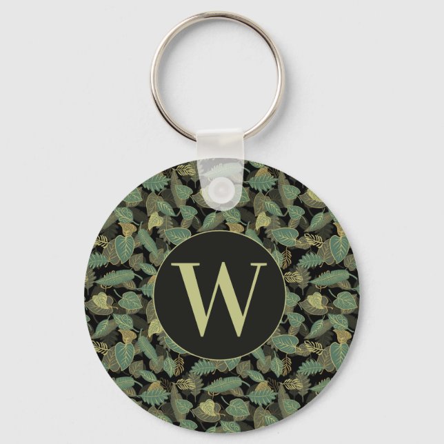 Elegant Leaf Design Botanical Initial Key Ring (Front)