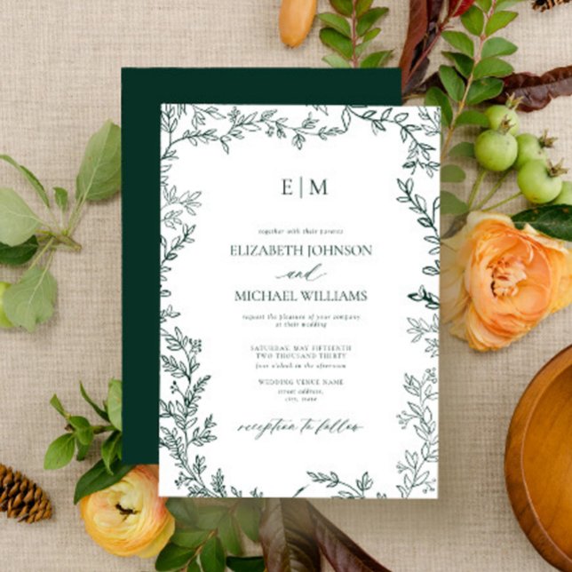 Elegant Leaf Emerald Green Monogram Wedding Invitation (Creator Uploaded)