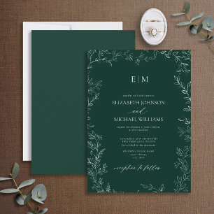 Elegant Leaf Emerald Green Monogram Wedding Invitation