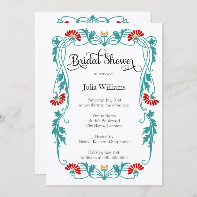 Elegant Leaf Florals and Swirls Bridal Shower Invitation (Front/Back)