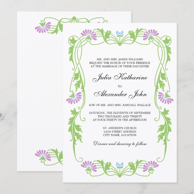 Elegant Leaf Florals and Swirls Wedding Invitation (Front/Back)