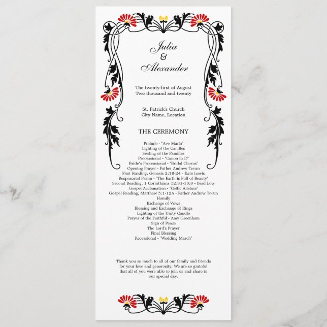 Elegant Leaf Florals and Swirls Wedding Program Programme (Front)