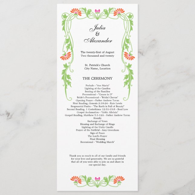 Elegant Leaf Florals and Swirls Wedding Program Programme (Front)
