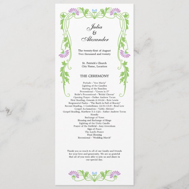 Elegant Leaf Florals and Swirls Wedding Program Programme (Front)