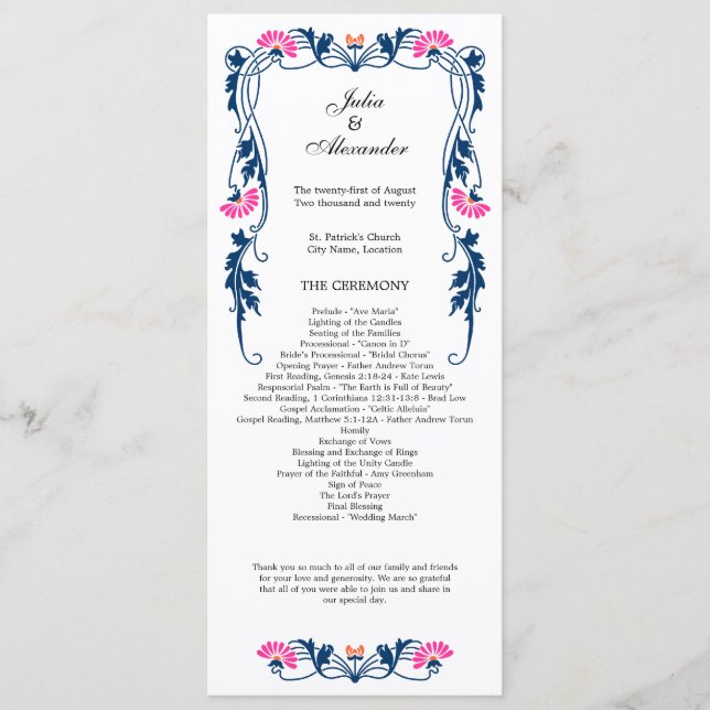Elegant Leaf Florals and Swirls Wedding Program Programme (Front)