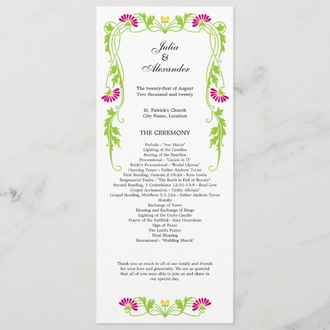 Elegant Leaf Florals and Swirls Wedding Program Programme (Front)