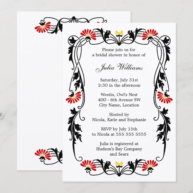 Elegant Leaf Florals & Swirls Bridal Shower Invite (Front/Back)