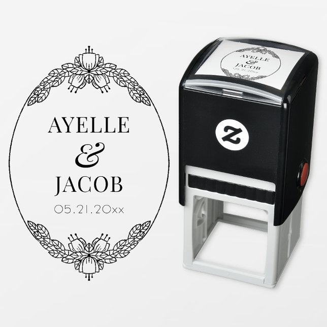 Elegant Leaf Frame Monogram Rubber Wedding Stamp (Creator Uploaded)
