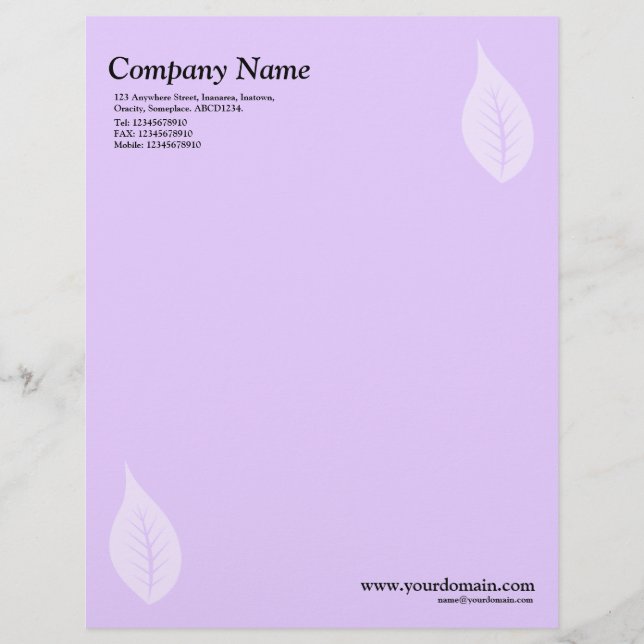 Elegant Leaf - Light Purple Custom Letterhead (Front)