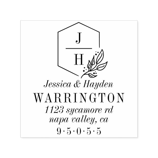 Elegant Leaf Monogram Frame | Wedding Address Self-inking Stamp (Design)