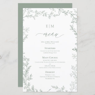 Elegant Leaf Sage Green Monogram Wedding Menu
