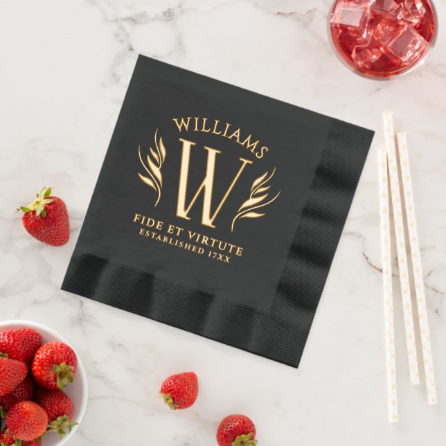 Elegant Leaf Surname Monogram Motto Foil Napkins (Insitu (Strawberry))
