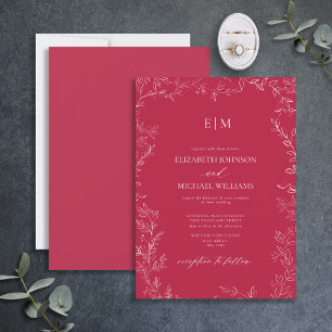 Elegant Leaf Vivid Magenta Monogram Wedding Invitation