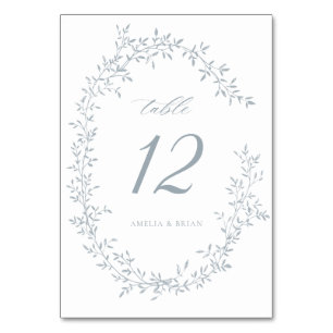 Elegant Leaf Wreath Botanical Dusty Blue Wedding Table Number