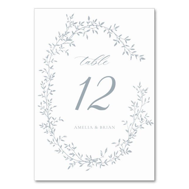 Elegant Leaf Wreath Botanical Dusty Blue Wedding Table Number (Front)
