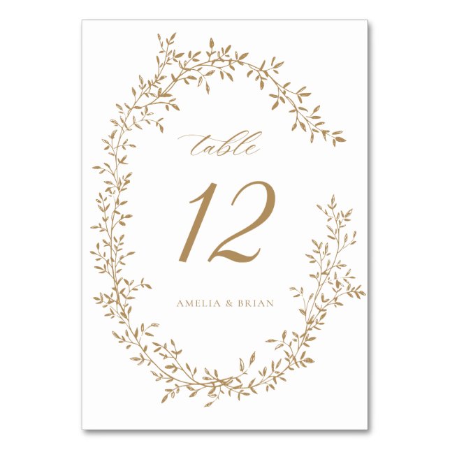 Elegant Leaf Wreath Botanical Gold Wedding Table Number (Front)