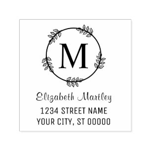 Elegant Leaf Wreath Initial Name Return Address Self-inking Stamp