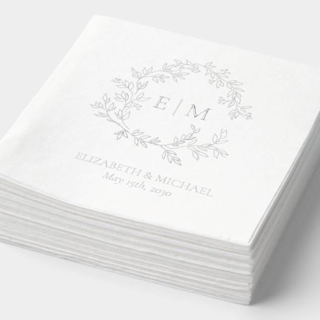 Elegant Leafy Crest Monogrammed Wedding Silver Foil Napkins (Detail)