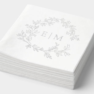 Elegant Leafy Crest Monogrammed Wedding Silver Foil Napkins