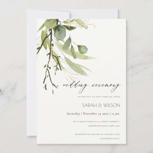 ELEGANT LEAFY GREEN FOLIAGE WATERCOLOR WEDDING INVITATION (Front)