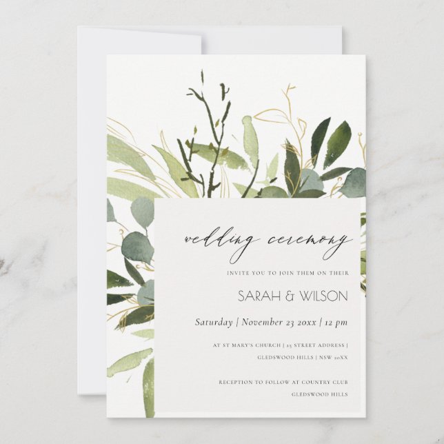 ELEGANT LEAFY GREEN FOLIAGE WATERCOLOR WEDDING INVITATION (Front)