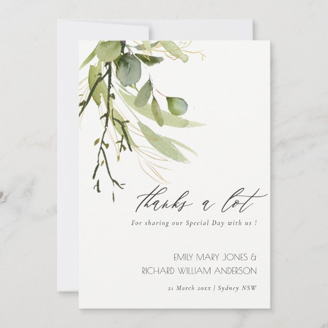 ELEGANT LEAFY GREEN FOLIAGE WATERCOLOR WEDDING THANK YOU CARD (Front)