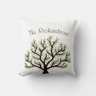 Elegant Leafy Green & White Last Name Family Tree Cushion