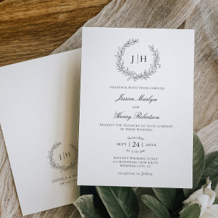 Elegant Leafy Monogram Crest Wedding Invitation