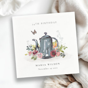 Elegant Leafy Rose Floral Teapot Any Age Birthday Napkin
