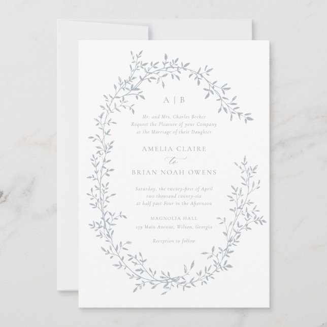Elegant Leafy Wreath Blue Laurel Botanical Wedding Invitation (Front)