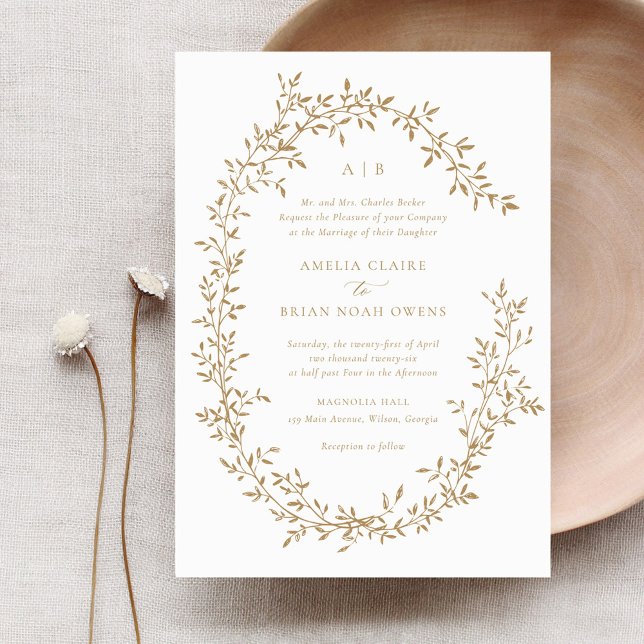 Elegant Leafy Wreath Gold Laurel Botanical Wedding Invitation (Creator Uploaded)