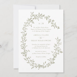 Elegant Leafy Wreath Sage Laurel Botanical Wedding Invitation