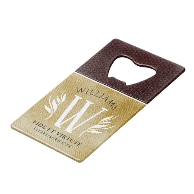 Elegant Leather Leaf & Vintage Paper Surname Motto (Front Angled)