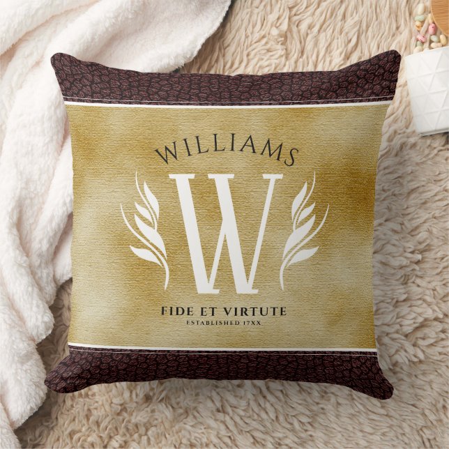 Elegant Leather Leaf & Vintage Paper Surname Motto Cushion (Blanket)