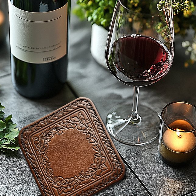 Elegant Leather Look Western Style  Square Paper Coaster (ADD YOUR MONOGRAM)