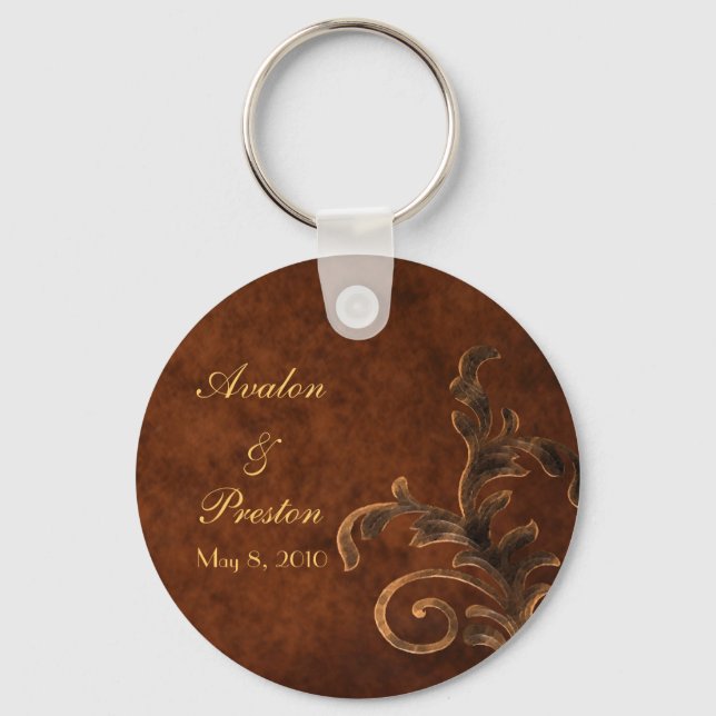 Elegant Leather Scroll Leaf Wedding Favour Key Ring (Front)