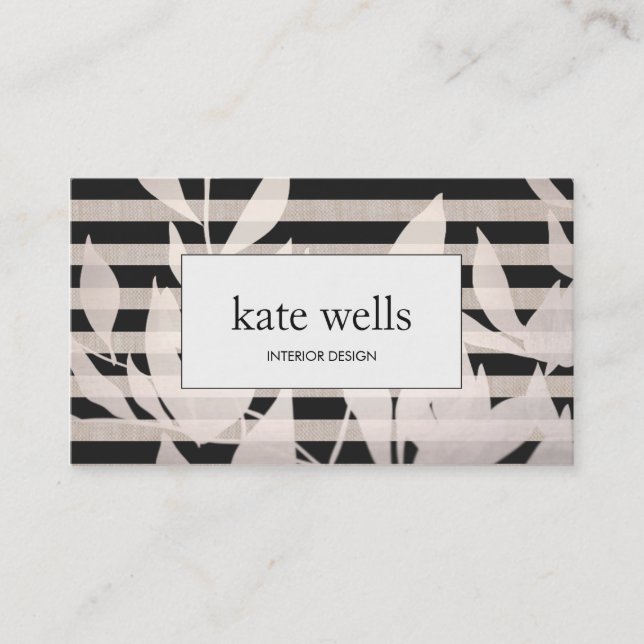 Elegant Leaves and Black Stripes Interior Designer Business Card (Front)
